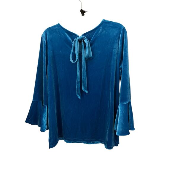 The Limited Mykonos Blue Crushed Velvet Blouse Top Bell Sleeve Ribbon Tie NEW - Picture 4 of 11